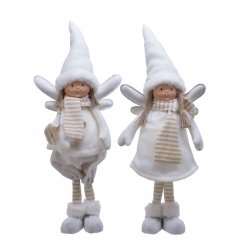 Two whimsical dolls dressed in white with fluffy hats and wings, exuding a cheerful, festive vibe.