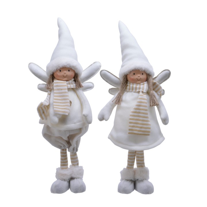 Two whimsical dolls dressed in white with fluffy hats and wings, exuding a cheerful, festive vibe.