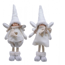 Two whimsical dolls in white outfits with pointed hats, striped legs, and soft details.