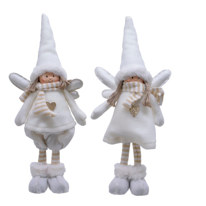 Two whimsical dolls in white outfits with pointed hats, striped legs, and soft details.