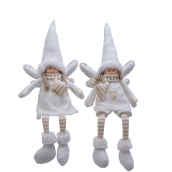 Two whimsical dolls with pointy hats, soft fabrics, and striped legs, dressed in white and beige.