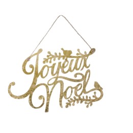 A glittery gold sign with elegant cursive lettering reading "Joyeux Noël," adorned with delicate...