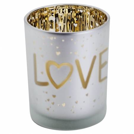 Glazen kaarsenhouder met zilveren buitenkant en gouden binnenkant, versierd met het woord "LOVE".