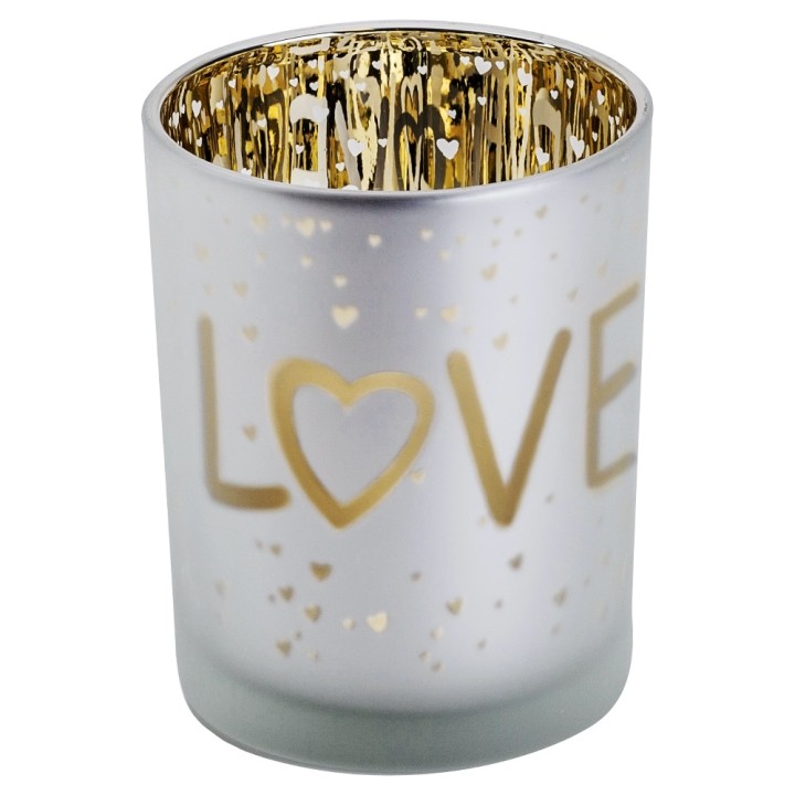 Vase en verre argenté avec inscription dorée "LOVE" et motifs de cœurs.
