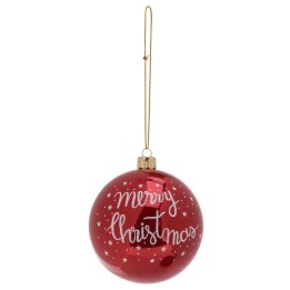 Boule de Noël rouge brillante avec inscription "Merry Christmas" et étoiles blanches.