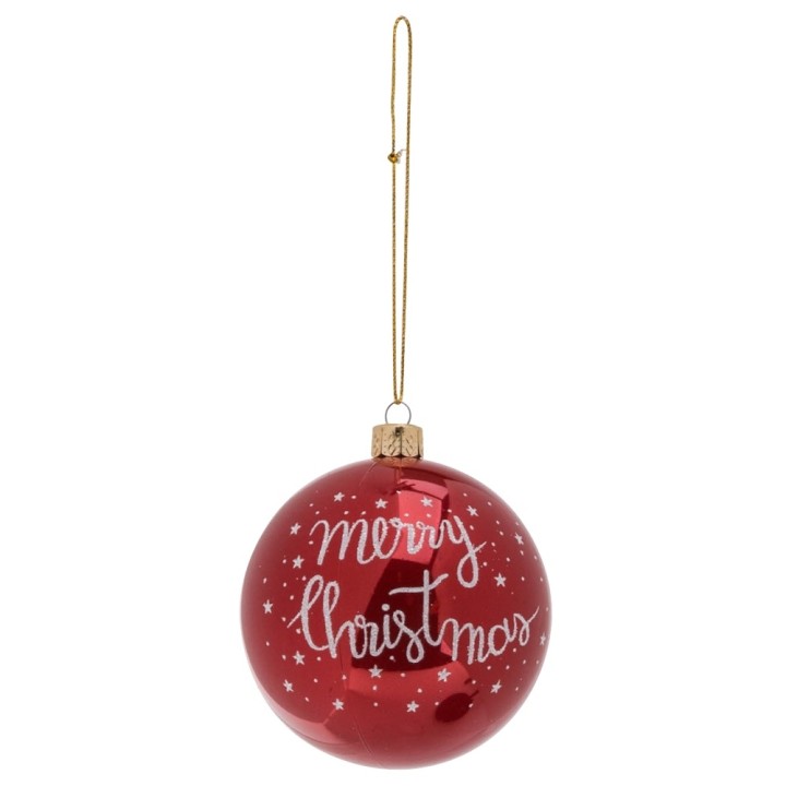 A shiny red Christmas ornament with white script reading "Merry Christmas" and small white stars.