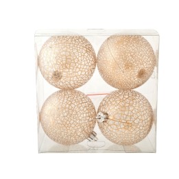Quatre boules décoratives dorées, effet craquelé, présentées dans un emballage transparent.