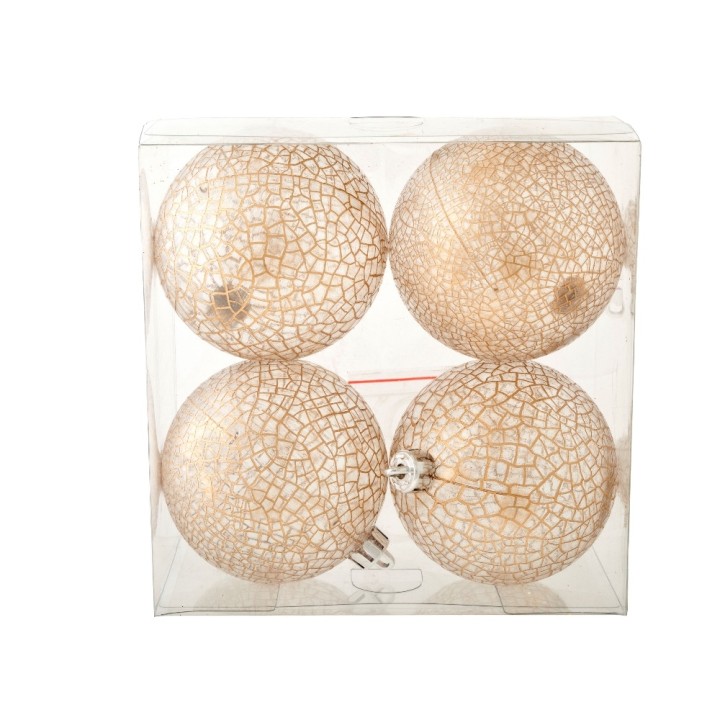 Quatre boules décoratives dorées, effet craquelé, présentées dans un emballage transparent.