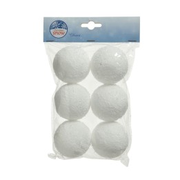 A clear plastic package containing six white, textured balls resembling snowballs.