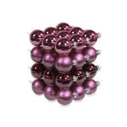 A stack of shiny, deep purple Christmas ornaments arranged in neat layers.