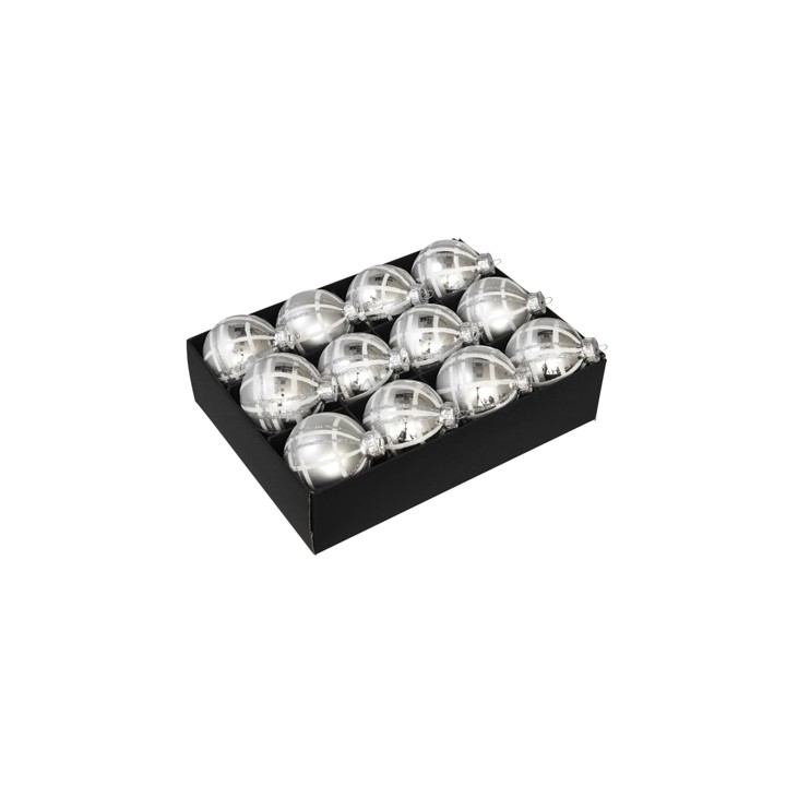A box of twelve shiny silver Christmas ornaments, each round with reflective surfaces.