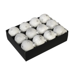A box of 15 white Christmas ornaments with silver star designs.