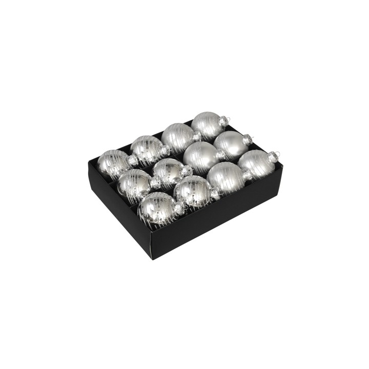 A box containing twelve shiny silver Christmas ornaments with striped patterns.