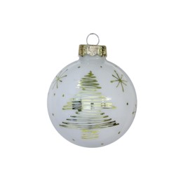 Witte kerstbal met gouden sterretjes en een boom in fijne lijnen. Elegante, feestelijke uitstraling.