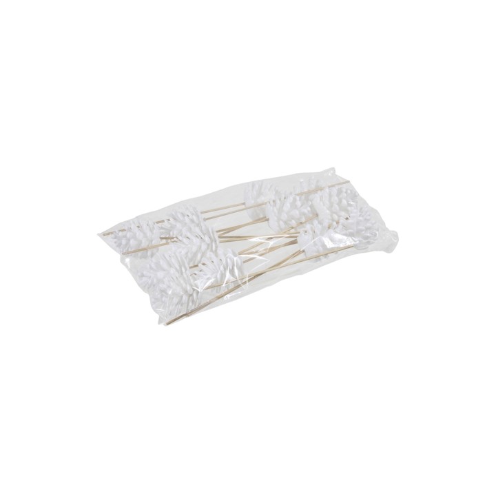 A clear bag containing several white decorative picks with leaf-like shapes on wooden skewers.