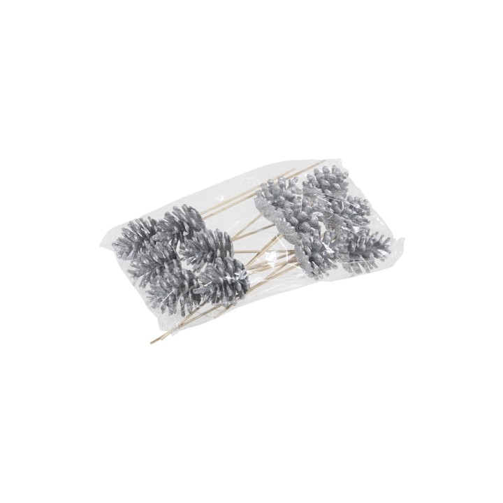 A clear bag holds decorative silver pinecone picks on thin wooden stems.