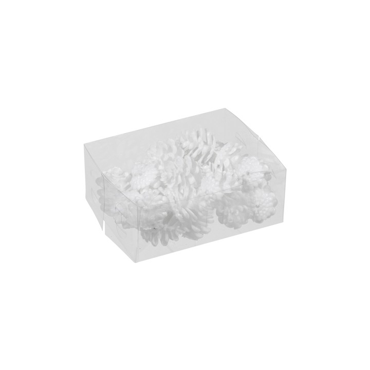 A clear box filled with white decorative pinecones, resembling natural winter elements.