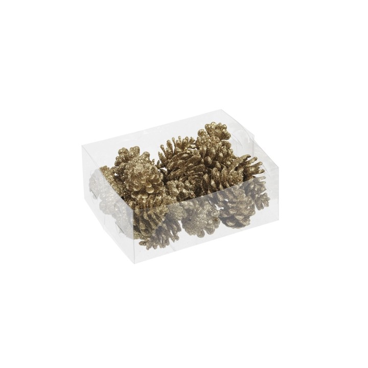 A clear box containing shimmering gold pinecones, adding a festive touch.