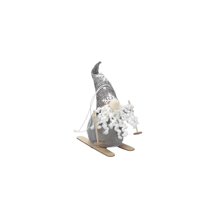 A whimsical gnome on skis, with a fluffy white beard and a silver-patterned hat.