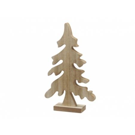 Een houten kerstboomfiguur met een natuurlijke uitstraling en speelse, gebogen vormen.
