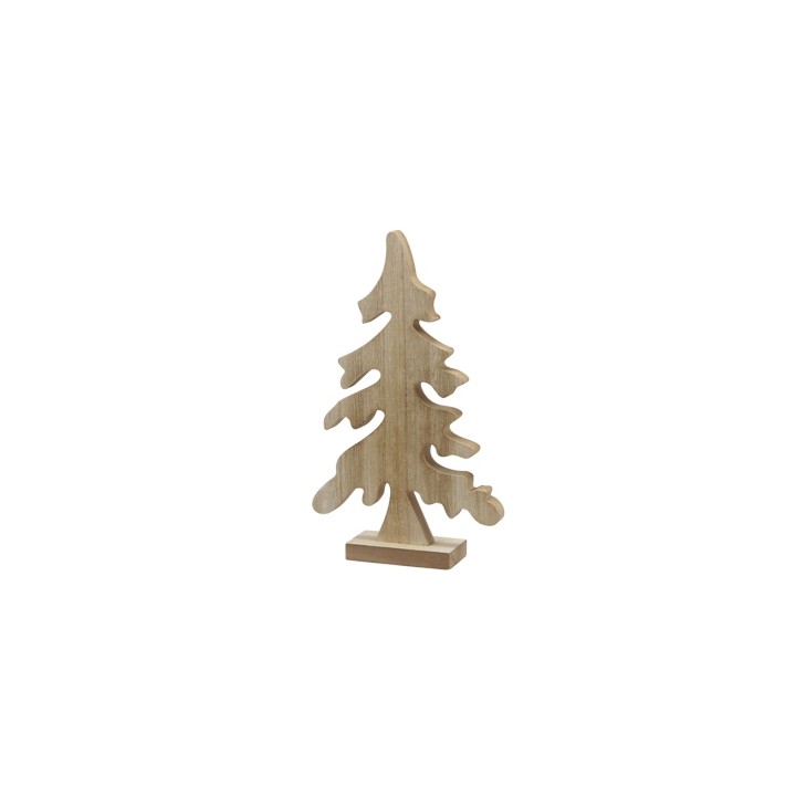 A simple wooden pine tree silhouette with a natural finish, standing on a small base.