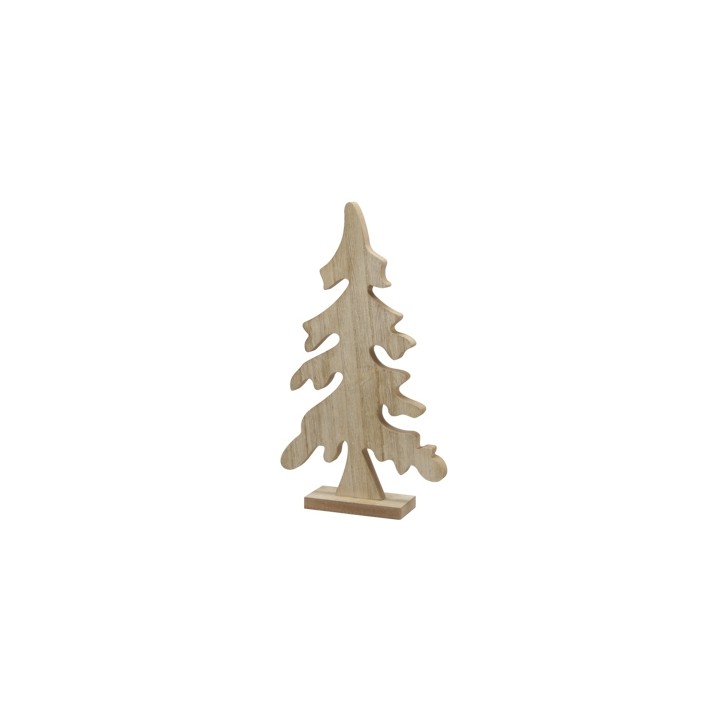 A simple wooden Christmas tree silhouette with a natural finish and flowing branches.