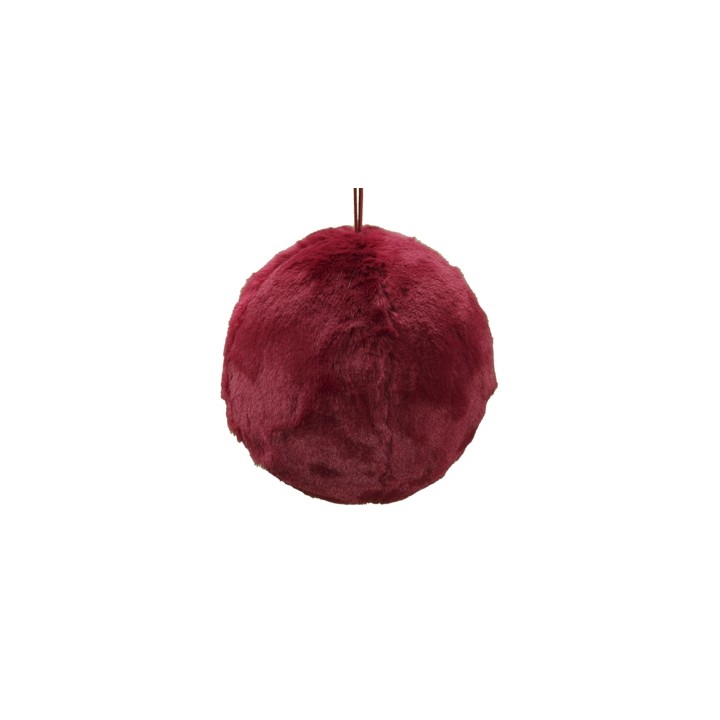 A soft, round ornament in deep burgundy, resembling plush fur.