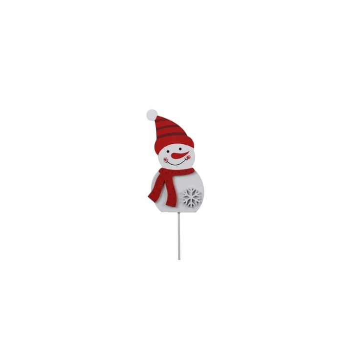 Bonhomme de neige en bois, chapeau rouge, écharpe, sourire accueillant.