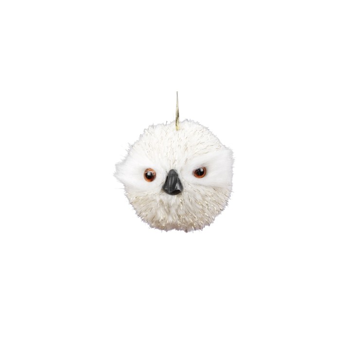 A round, fluffy white owl ornament with bright eyes and a small beak, hanging delicately.