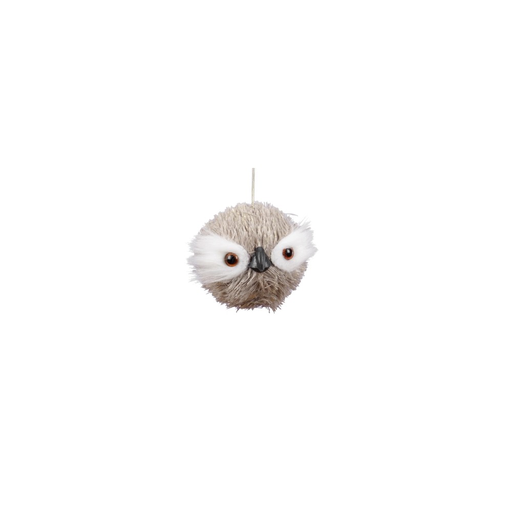 A soft, round, fluffy owl ornament with large eyes and a small beak.