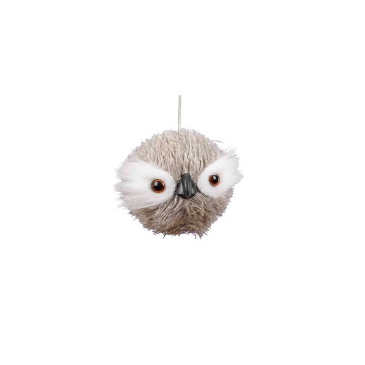 A soft, round, fluffy owl ornament with large eyes and a small beak.