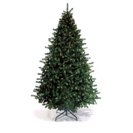 Sapin de Noël vert, décoré de lumières scintillantes, sur un support en métal.