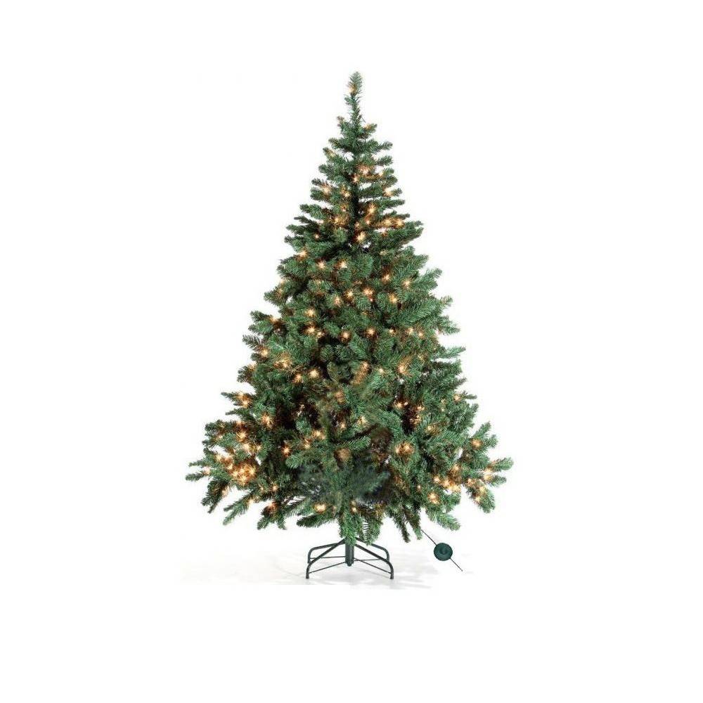 A tall, lush green artificial Christmas tree adorned with warm white lights.