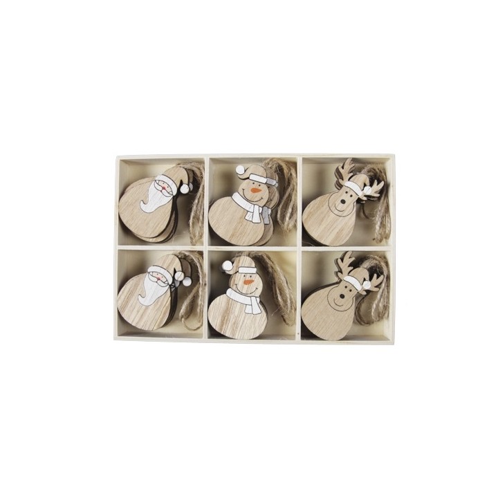 Wooden holiday ornaments featuring Santa, a snowman, and a reindeer, displayed in a grid.