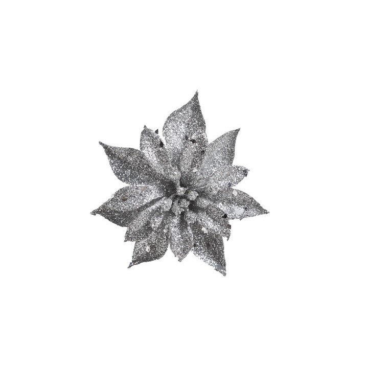 A sparkling silver flower with glittery leaves radiates elegance and festive charm.