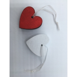 Two heart-shaped tags, one red and one white, with thin strings for hanging.