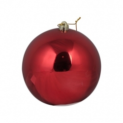 A shiny red Christmas ornament with a smooth surface and a gold hanging loop.