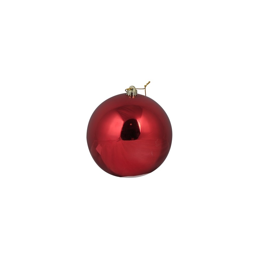 A shiny red Christmas ornament with a smooth surface and a gold hanging loop.