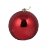 A shiny red Christmas ornament with a smooth surface and a gold hanging loop.