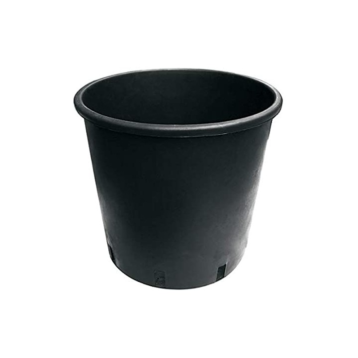 Vase en plastique noir, cylindrique, avec un bord lisse et des trous de drainage.