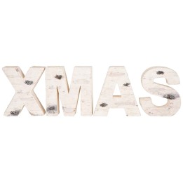 Wooden letters spelling "XMAS," textured with a light, rustic finish and subtle metallic accents.