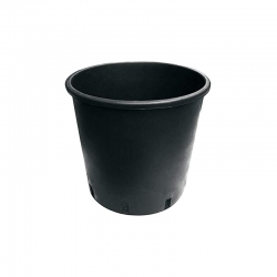 Zwarte plastic bloempot met een ronde vorm en drainagegaten onderaan.