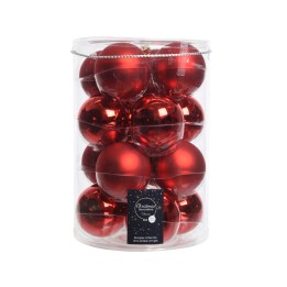Boules de Noël rouges brillantes, regroupées dans un contenant transparent.