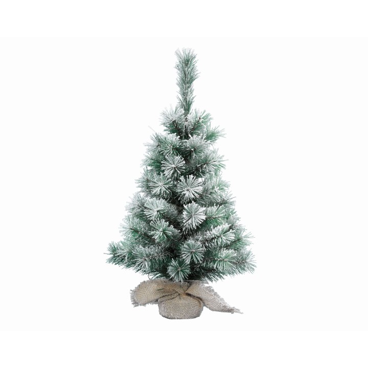 A frosted green Christmas tree with a burlap base, evoking a wintry holiday spirit.