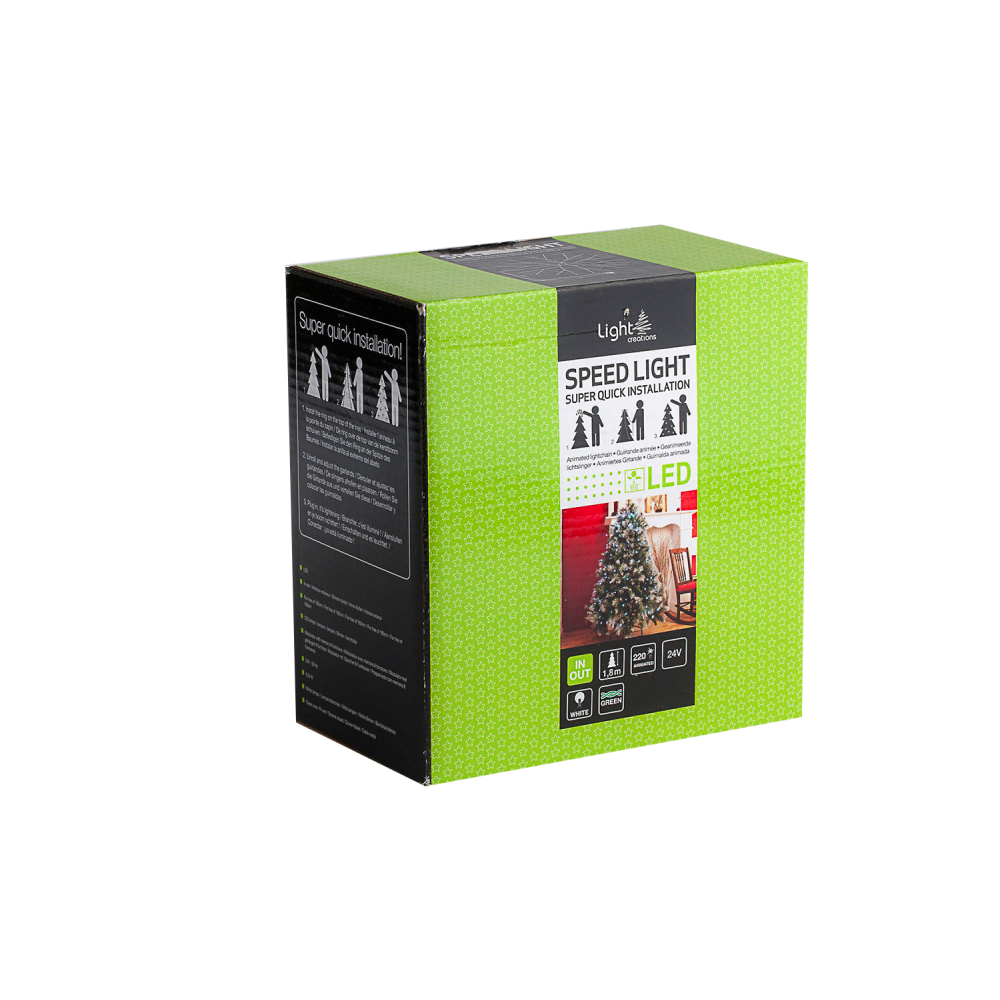 Boîte noire avec motifs verts, contenant des lumières LED pour arbre de Noël.