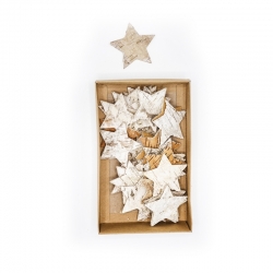 A box of rustic white wooden stars, some scattered, with one star above.