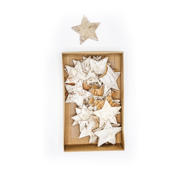 A box of rustic white wooden stars, some scattered, with one star above.
