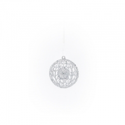 A delicate silver ornament with intricate lace-like patterns, suspended against a white background.