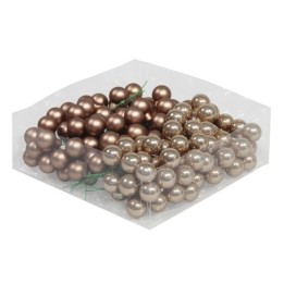 Glinsterende gouden en bronzen kerstballen in een transparante verpakking.