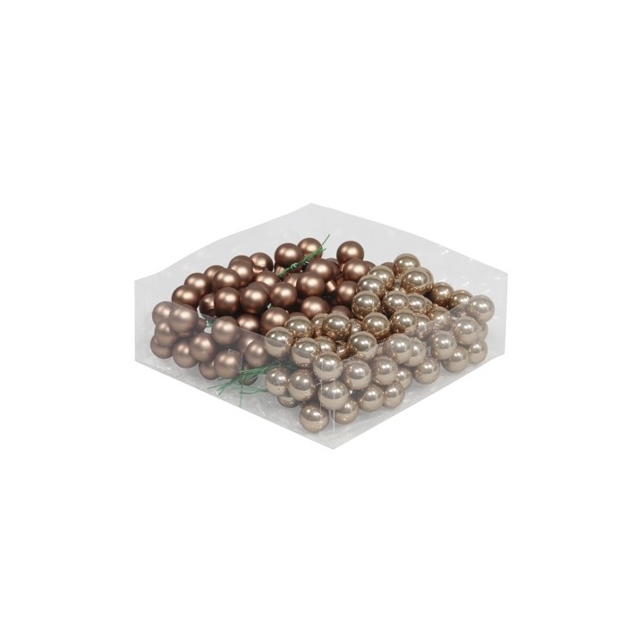 A collection of shiny brown and golden decorative balls in a clear plastic container.